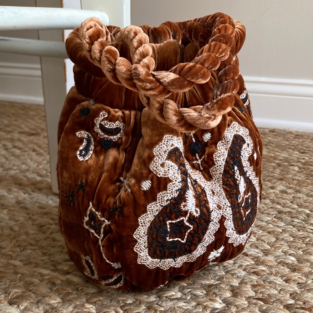 Johnny Was Brown Velvet Embroidered Drawstring Bag
